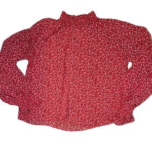Gap Red Floral Sheer Long Sleeve High Neck Top‎ with Elastic Hem&Neck Size XLG